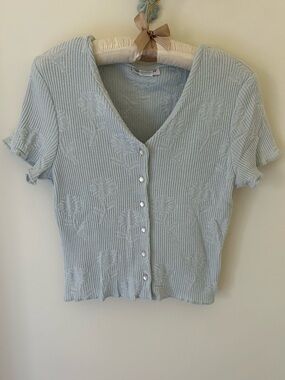 Vintage Baby Blue Embroidered Floral Knit Cardigan by Wrapper 
Size: Medium 
EUC